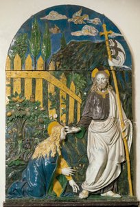 Noli me tangere Jeesuksella Kristuksella on valkoinen lippu (standardi), johon on lyöty punainen risti ja hänen aureolinsa on merkitty ristillä. Giovanni della Robbian (1469-1529) keraamiset kohokuviosukat Firenze, Museo Nazionale del Bargello