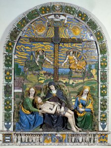 Laskeuma (Pieta) Jeesus Kristus ja Neitsyt Maria Pyhän Johanneksen ja Pyhän Maria Magdaleenan ympäröimänä ennen ristiä, jossa on merkintä INRI (I.N.R.I.). Matalakohokeramiikka, Giovanni della Robbia (1469-1529) Dim. 3x2,28 m Firenze, Museo Nazionale