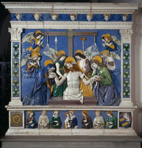 Jeesuksen asettaminen Pyhälle haudalle Neitsyt ja Pyhän Johanneksen evankelista Kuvaus kärsimyksen symboleista: ruoskat, orjantappurakruunu ja etikkaan kastettu sieni (posca). Giovanni della Robbian (1469-1529) korkeareliefikeramiikka noin 14