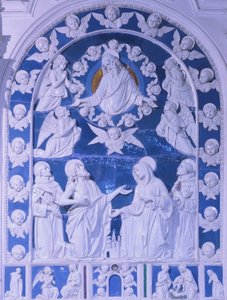 Madonna pyhien Franciscuksen, Dominicin ja Bernardin välillä, kirjoittanut Giovanni della Robbia (1469-1529), San Francescon kirkko Foiano della Chianassa, Toscanassa