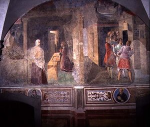 St. Benedict Korjaa katkennutta seulaa, yksityiskohta Pyhän Benedictuksen elämän freskojaksosta Chiostro degli Aranci (appelsiiniluostari) n. 1430-luku (fresko) tekijältä Giovanni di Consalvo (attr. to)