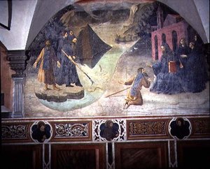 Pyhä Benedictus noutamassa puuhakkurin kirveen järvestä, yksityiskohta Pyhän Benedictuksen elämän freskojaksosta Chiostro degli Aranci (appelsiiniluostari) n. 1430-luku (fresko) tekijältä Giovanni di Consalvo (attr. to)
