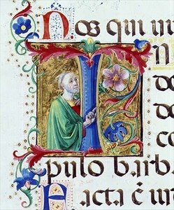 Ms 542 f.44v Historioitu alkukirjain "I", joka kuvaa miespyhimystä psalterista, jonka on kirjoittanut Don Appiano Badia Fiorentinan kirkosta Firenzestä tekijältä Giovanni di Guiliano Boccardi