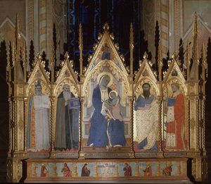 Neitsyt pyhien Augustinuksen, pyhän Antonius Suuren, pyhän Bartolomeuksen ja pyhän Laurentiuksen kanssa - tempera paneelissa