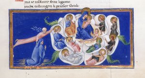 Dante ja Beatrice Neitsyen ja Lapsen edessä, jotka istuvat taivaallisen ruusun sisällä, erilaisten pyhimysten ympäröimänä, Paradisosta Divina Commediassa, Dante Alighieri, Yates Thompson 36, f.187 tekijältä Giovanni di Paolo
