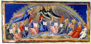 Paradiso, Canto X. Beatrice ja Dante leijuvat auringon taivaan vieressä tapaavat viisaudestaan tunnustetut. Heitä tervehtii St. Thomas Aquinas Albertus Magnuksen kanssa. Alla on kymmenen viisauden edustajaa; Bede, St. Ambrose, Isidore of Sev tekijältä Giovanni di Paolo