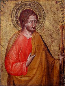 Pyhän Jaakobin Peleriinin esitys Tämä on Pyhä Jaakob Major tai Pyhä Jaakob, Sebedeuksen poika. Giovanni di Paolon maalaus (1395 / 1400-1482) 1400-luvun Assisi, San Francescon basilikan aarremuseo ja Perkinsin kokoelma tekijältä Giovanni di Paolo