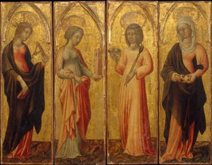 Pyhät Katariina Aleksandrialainen, Barbara, Agatha ja Margaret, n. 1470. tekijältä Giovanni di Paolo