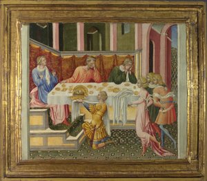 Johannes Kastajan pää tuotiin Herodes Predella -paneeliin, 1454 tekijältä Giovanni di Paolo