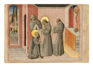 Pyhän Claren vihkiminen: pyhimys vastaanottaa ritarikuntansa vaatteet Pyhältä Franciscukselta, n. 1389-1482 (tempera ja kulta paneelissa) tekijältä Giovanni di Paolo