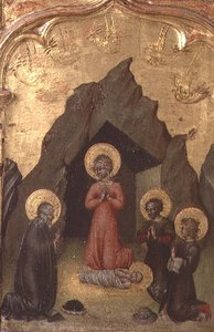 Neitsyt Marian, Pyhän Joosefin ja kahden pyhimyksen palvoma lapsi. tekijältä Giovanni di Paolo di Grazia