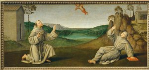 Pyhä Franciscus Assisilainen saa stigmat ... tekijältä Giovanni di Pietro (c.1450 1529) (studio of)