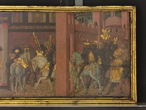 Trajanuksen ja lesken tarina, yksityiskohta cassone-taulusta, noin 1450 (tempera paneelille). tekijältä Giovanni di Ser Giovanni Scheggia