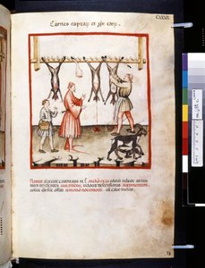 Ububchasym de Baldachin Theatrum sanitatis: "Carnes Caprarum et Pulpe Edorum", 1300-luvun ensimmäinen vuosikymmen (pienoiskuva).