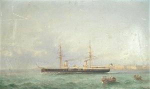 Taistelulaiva HMS Inflexible lähdössä merelle Valettan suursatamasta. tekijältä Girolamo Gianni