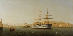 HMS Alexandra -aluksen lähtiessä Maltalta Vallettan (Valletta) rakennukset ovat hyvin yksityiskohtaisia oikealla. Girolamo Giannin (1837-1895) öljy puulle.