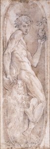 Adam pitelee omenaa, istuu medaljonissa, n. 1547-1553