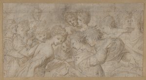 Naishahmoja syleilemässä, jotkut pitävät musiikkikappaleita., 1570-73. tekijältä Girolamo Mirol.