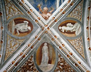 Mosaiikkirakenteet ja patsaat, yksityiskohta Girolamo Romaninon freskoista (n. 1484-1559 jälkeen), Bernardo Clesion tilaus tekijältä Girolamo Romanino
