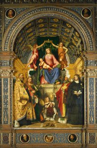 Pyhän Justinan alttaritaulu: Madonna valtaistuimella pyhien Benedictuksen, Justinan, Prosdocimon ja Scholastican kanssa, Girolamo Romanino (noin 1484-1562 jälkeen).