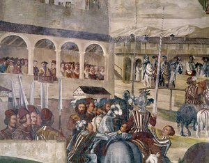 Turnaus tanskalaisen Christian I:n kunniaksi Castello di Malpagassa, yksityiskohta vasemmalta, 1520-30 tekijältä Girolamo Romanino