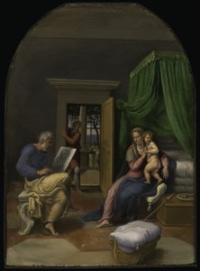 Pyhä Luukas piirtämässä Neitsyttä ja Kristuksen lasta, noin 1535 (öljy paneelille). tekijältä Girolamo da Carpi