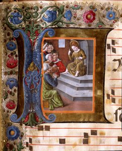 Decoree-letriini, joka kuvaa Christ Childia ja Girolamo da Cremonan (toimii noin 1451-1483) ja Liberale da Veronan (1445-1529) pienoiskohoreita Sienan katedraalista (Cod. 19/4. c.13.). 1400-luvun Sienan katedraali (Duomo), It