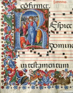Decoree-letriini, joka kuvaa Kristusta ja spitaalista miniatyyriä Girolamo da Cremonalta (toimii noin 1451-1483) ja Liberale da Verona (1445-1529) kuorosta (Cod. 19/4. c.26.) Sienan katedraalista. 1400-luvun Sienan katedraali (Duomo), Italia
