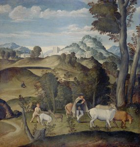 Nuori Mercury varastaa karjaa Apollon laumasta tekijältä Girolamo da Santacroce (ca.1480 1556) (attributed to)