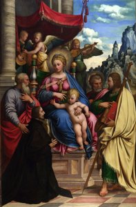 Madonna ja lapsi enkelien, pyhimysten ja lahjoittajan kanssa tekijältä Girolamo da Treviso the Younger