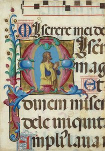 Käsikirjoituksen valaistus Daavidin kanssa rukouksessa M:n alussa, psalterista, 1501-2.