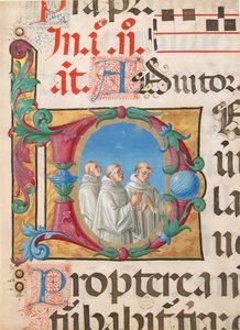 Käsikirjoituksen valaistus laulavien munkkien kanssa kirjaimella D, Psalterista, italialainen, 1501-2.