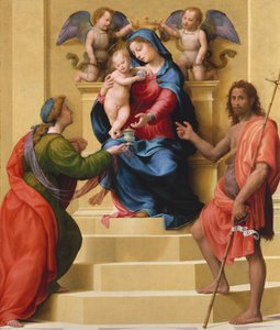 Madonna ja lapsi valtaistuimella pyhien Maria Magdalenan ja Johannes Kastajan kanssa, n. 1523. tekijältä Giuliano Bugiardini