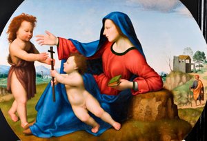 Madonna ja lapsi sekä nuori Johannes Kastaja (öljy paneelille) tekijältä Giuliano Bugiardini