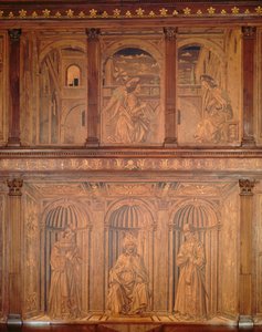 Restauroinnin jälkeiset kaapit pohjoisessa sakristossa (Sacrestia delle Messe), jotka kuvaavat Marian ilmestystä ja piispaa Enthroned (kuoripuu) (katso 143298)