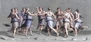 Apollo tanssii yhdeksän olympiamusensa kanssa. (Tulosta) tekijältä Giulio (after) Romano
