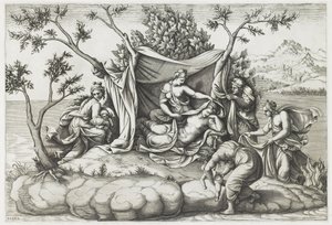 Latona synnyttää Apollon ja Diana, kaiverrus Diana Mantovana (s.1535), vuoden 1575 jälkeen (kaiverrus) tekijältä Giulio (after) Romano