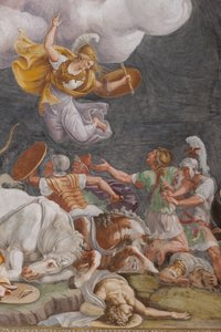 Taistelu, yksityiskohta, Troijan hevonen, Troijan kammio (Sala di Troia) tekijältä Giulio (and workshop) Romano