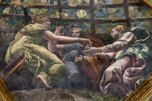 Yksityiskohta holvista nuorilla naisilla ja viinirypäleillä, Amorin ja Psychen kammio (Sala di Amore e Psiche) tekijältä Giulio (and workshop) Romano