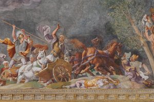 Taistelua kuvaava yksityiskohta, Troijan hevonen, Troijan kammio (Sala di Troia)