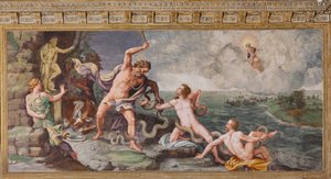 Käärmeet hyökkäävät Laocoonin ja hänen poikiensa kimppuun, Troijan hevonen, Troijan kammio (Sala di Troia)