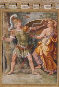 Thetis antaa Akilleukselle Hephaiston (Vulcan) takomia aseita, Troijan hevonen, Troijan kammio (Sala di Troia)