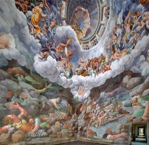 Zeus muiden Olympuksen jumalien ympäröimänä, joka heittää salamoita jättiläisiä vastaan ja tuhosi ne, holvin sekä etelä- ja länsimuurit, jättiläisten kammio (Sala dei Giganti)
