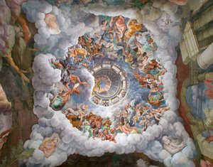 Zeus muiden Olympuksen jumalien ympäröimänä, joka heittää salamoita jättiläisiä vastaan ja tuhosi ne, holvin sekä etelä- ja länsimuurit, jättiläisten kammio (Sala dei Giganti)