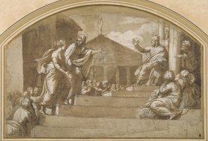 Martha tuo Maria Magdalenan Kristuksen luo (kynä ja muste paperille) tekijältä Giulio (attr. to) Romano