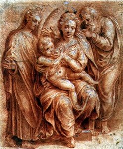 Pyhä perhe neitsytmarttyyrillä (punainen liitu korotettu valkoisella) tekijältä Giulio (circle of) Romano