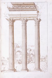 Castorin ja Polluxin temppelin pylväät, taustalla Rauhan temppeli, n. 1550 (alkuperäinen piirros mustalla liidulla, kynällä ja ruskealla musteella) tekijältä Giulio (circle of) Romano