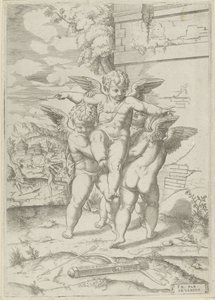 Amor ja kolme puttia tekijältä Giulio Bonasone (attributed to)