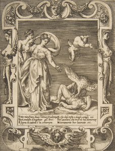 Korppikotka syö Titiuksen sisäosia, Cupido kahden naisen yläpuolella vasemmalla, sijoittuu..., 1531-76. tekijältä Giulio Bonasone