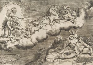 Allegoria nousevasta auringosta, alaston miehestä, jolla on käärinliina ja mukana Isä-aika..., 1531-76. tekijältä Giulio Bonasone